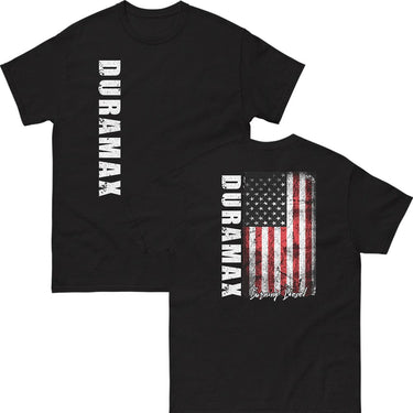 Duramax T-Shirt With American Flag From Aggressive Thread in Black - Front And Back View